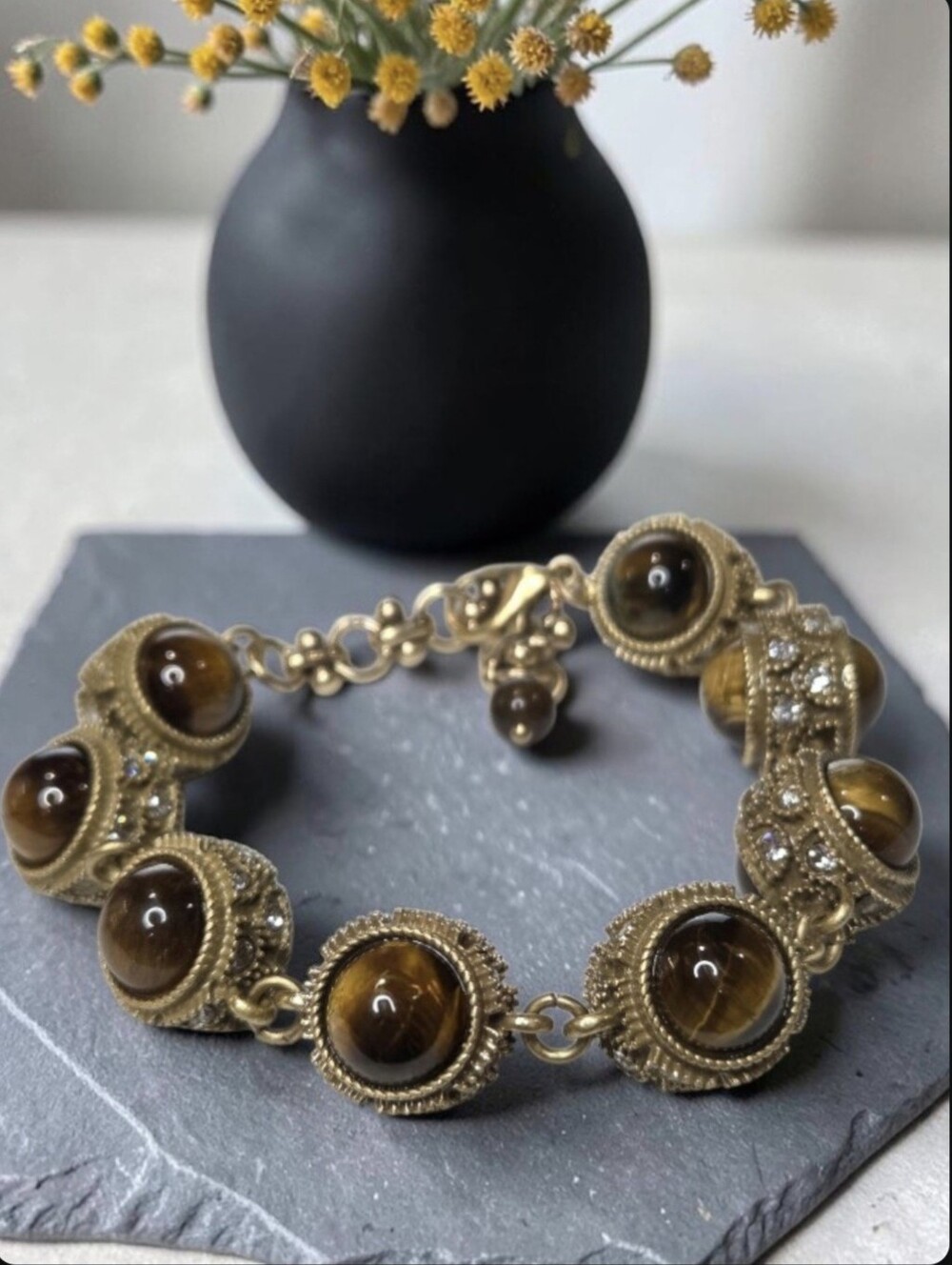 Chunky Matte Gold Plated Tigers Eye Stone Cabochon & Crystal Bracelet